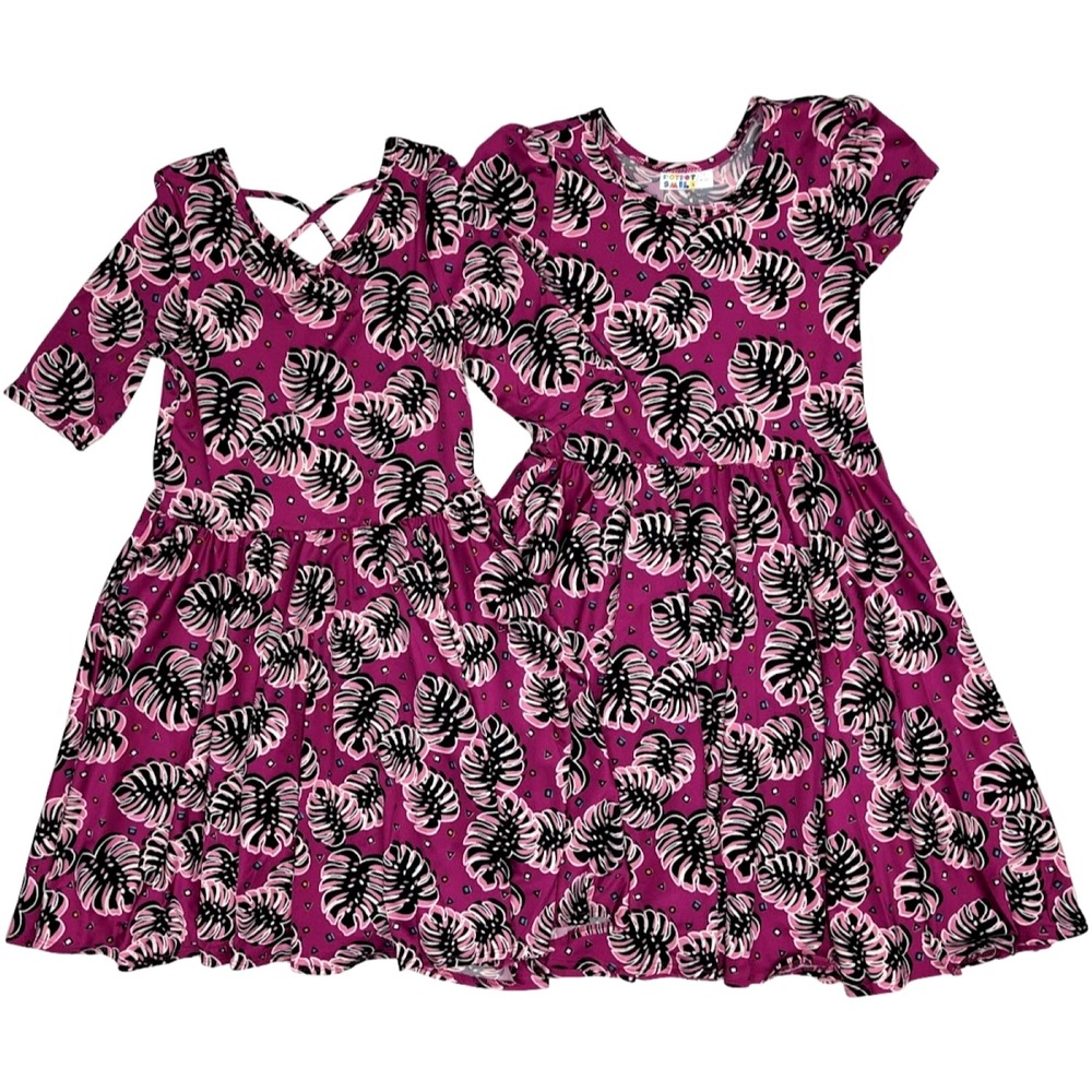 2 Dot Smile Girls 8 10‎ Cap Sleeve Ballerina Twirl Dress Lot Purple Black Leaves